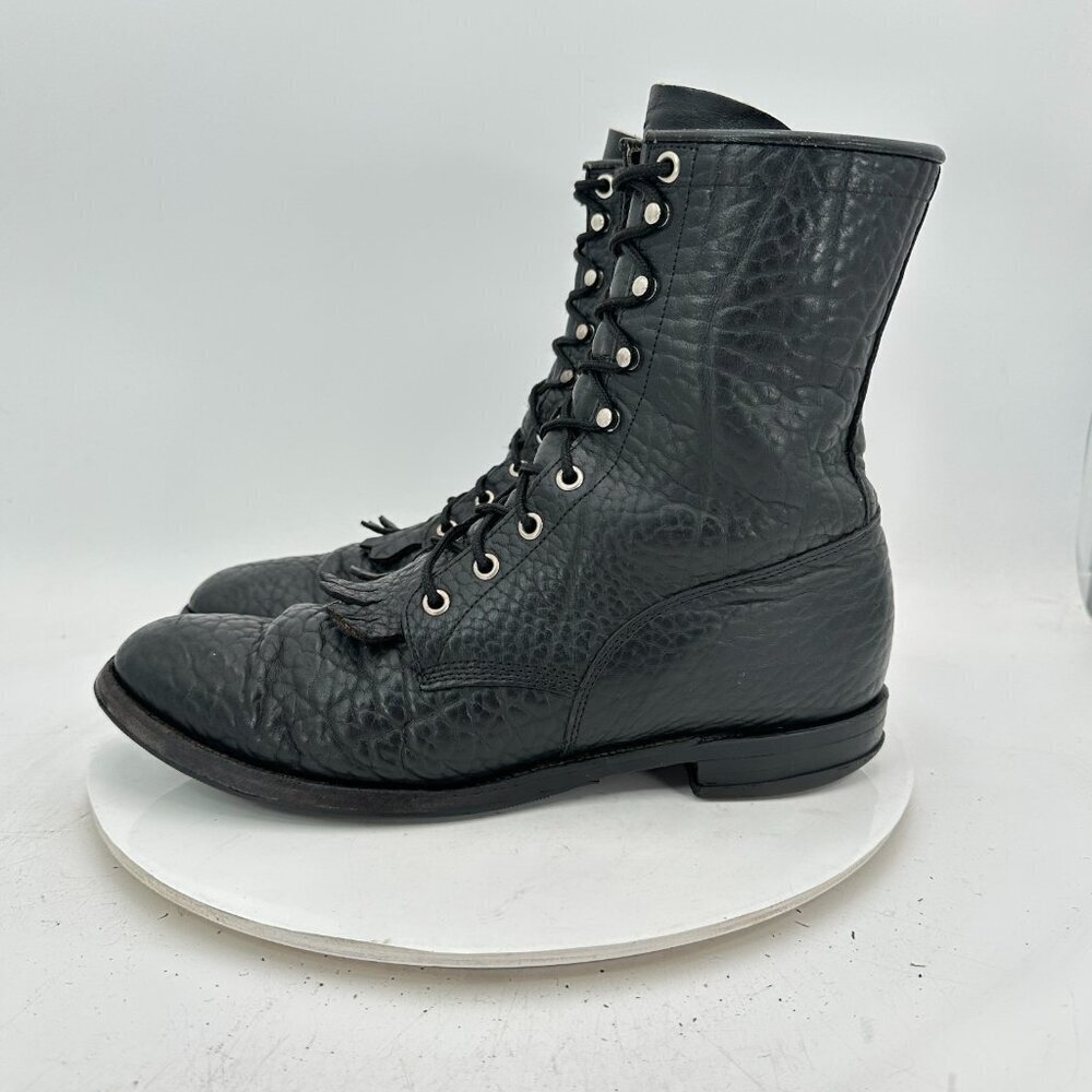 Justin 522 Bullhide Men 10 B Pebbled Black Leather Tassel Western Lacer Boot